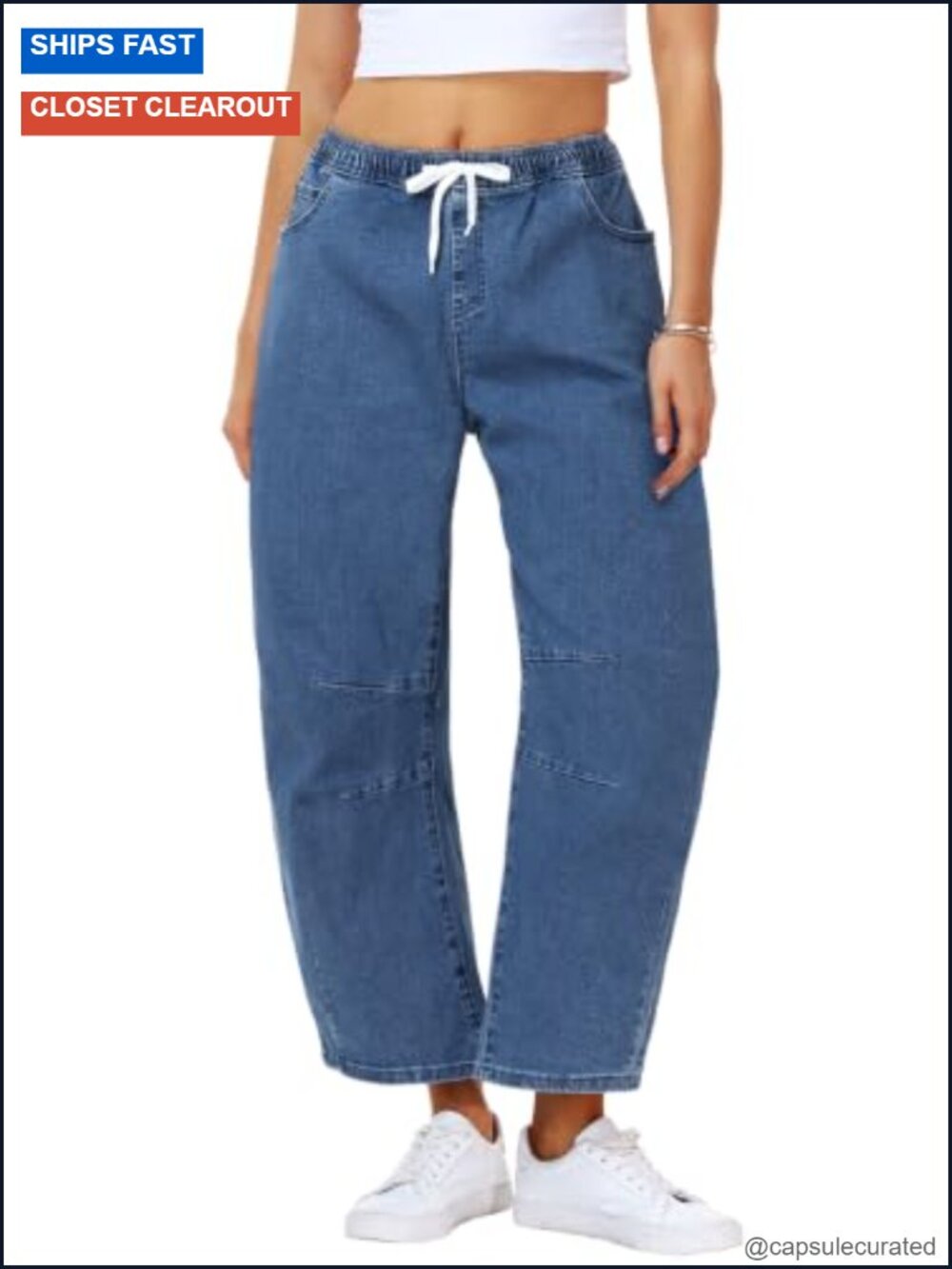 Barrel Jeans Denim Crop Wide Leg Drawstring Pockets Cotton Spandex